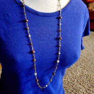 32" Long Gold Tone Wood and Glass Bead Strand Necklace Casual Style Fashion